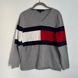 Tommy Hilfiger Men's V-Neck Colorblock Pullover Sweater Cotton Gray Navy L